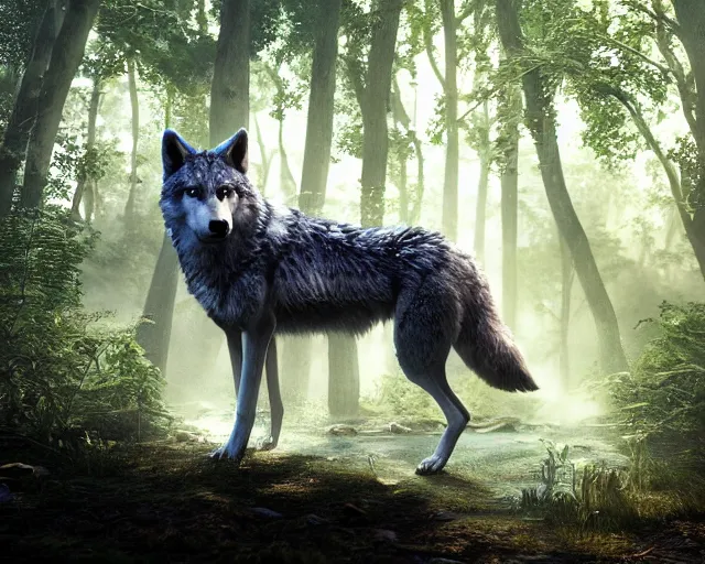 Image similar to a wolf standing on a riverbank in a forest, natural lighting, ultra realistic, concept art, intricate details, highly detailed, photorealistic, octane render, 8 k, unreal engine