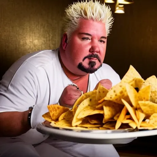 Image similar to guy fieri sitting on a white toilet in a bathroom stall , eating a plate of nachos that is sitting on his lap, 8k