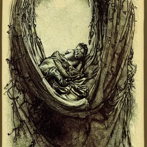 Image similar to Darkness falls again but now I know that twenty centuries of stony sleep were vexed to nightmare by a rocking cradle, painted by Arthur Rackham