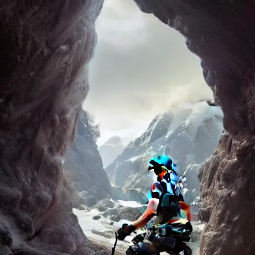 Image similar to perfectly-centered-full-shot photo of thicc lara croft, snowy mountains, crouched at a cave, big bust, intricate, elegant, super highly detailed, professional digital painting, artstation, concept art, smooth, sharp focus, no blur, no dof, extreme illustration, Unreal Engine 5, 8K, art by artgerm and greg rutkowski and alphonse mucha and loish and WLOP