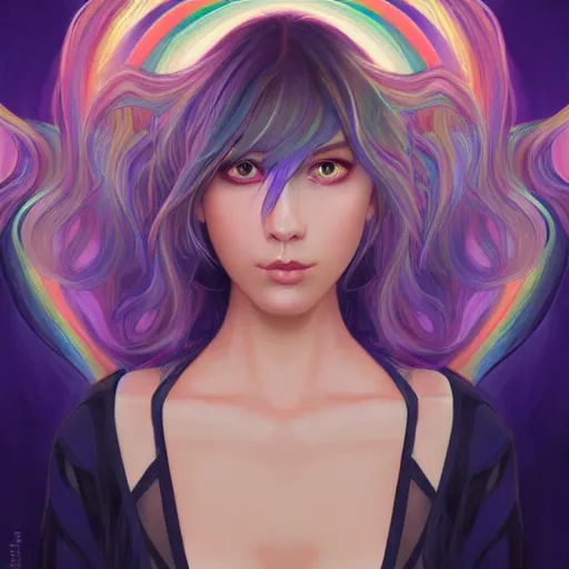 Image similar to portrait of beautiful symmetrical anime girl, rainbow hair, attractive, casual, modern, victoria's secret, highly detailed, digital painting, artstation, concept art, smooth, sharp focus, illustration, art by artgerm, greg rutkowski and alphonse mucha, 8 k,