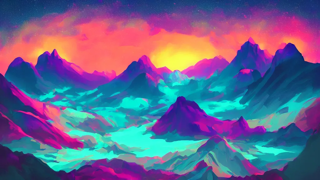 Image similar to a psychedelic illusion mountain scenery, moody, space, colorful, sun, artstation, digital art.