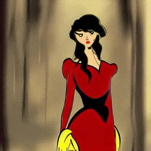 Image similar to a photo of a young woman. moody and melanchonic. disney artstyle. red, yellow