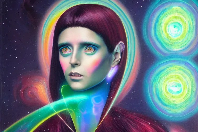 Image similar to patron saint of 🛸🌈👩🏾, futuristic iridescent clothing, wormhole, nebula, black hole, multiverse, neon god of city character portrait, in the style of margaret keane, moebius, tom bagshaw, and waterhouse, cinematic lighting, beautiful, elegant, oil painting,