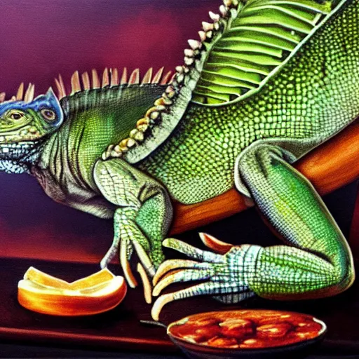 Image similar to iguana cooking a steak, Hyper-Realism, realistic,