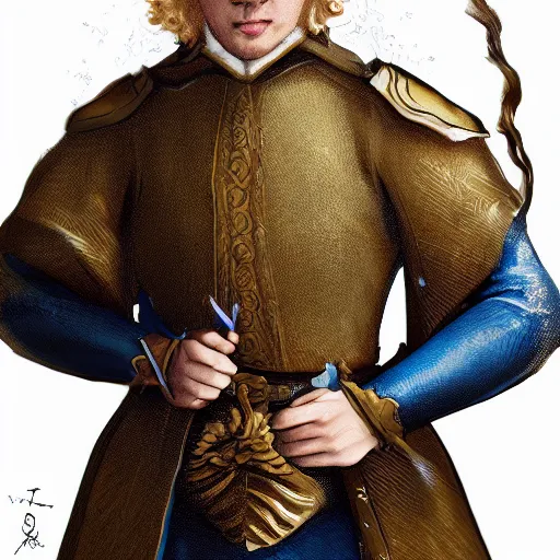 Image similar to portrait, 27 years old man, blue eyes, blond curls, charming, handsome :: rich expensive medieval clothes :: high detail, digital art, fantasy, RPG, concept art, illustration