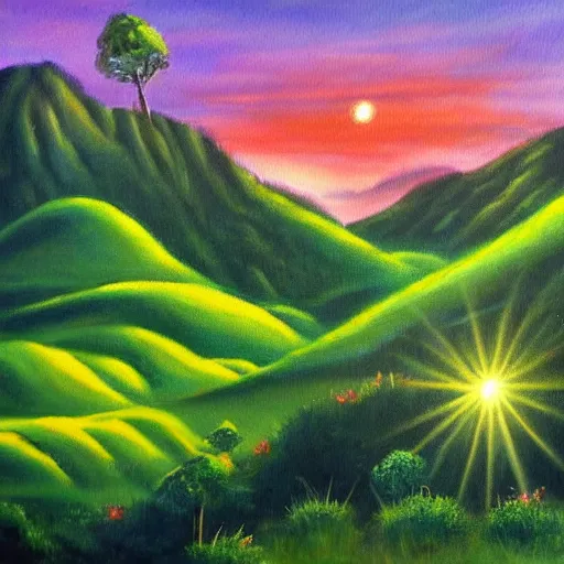 Prompt: a beautiful sun lite green valley with elves. painting.