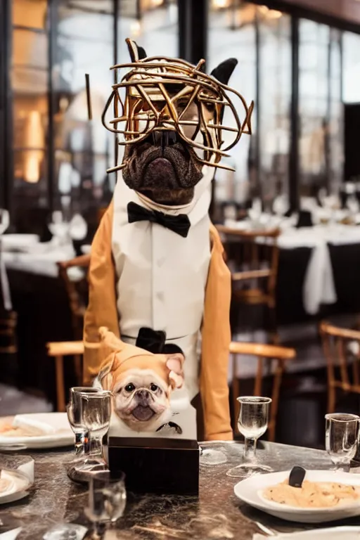 Image similar to a dog - headed waiter at the reception of a fancy restaurant