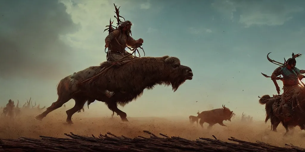 Image similar to buffalo chase ,native indian on ancient wood atv, attacking, action scene, an epic fantasy, dramatic lighting, cinematic, establishing shot, extremely high detail, photorealistic, cinematic lighting, artstation, octane render, by simon stalenhag, horizon forbidden west and futuristic western