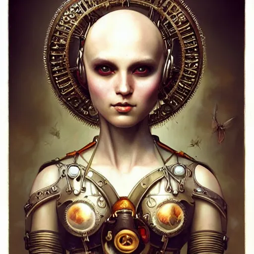 Image similar to tom bagshaw, curiosities carnival, soft paint of a single bald beautiful female in a full steampunk armor, rabbit - ear helm ornate, symmetry accurate features, focus, very intricate ultrafine details, award winning masterpiece