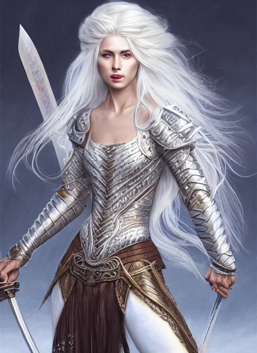 Image similar to full body painting of a woman with flowing luscious glowing white hair standing whilst holding a sword, wearing intricate plate - armor and leather underneath. intricate, elegant, highly detailed, digital painting, artstation, concept art, smooth, sharp focus, illustration, by terry wei, qiu fang, tooth wu, kan liu, siwoo kim, jisu choe