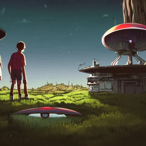 Image similar to highly detailed cell - shaded cartoon landscape with two boys looking at a miniature ufo 1 9 8 0 s science fiction, 1 9 7 0 s science fiction, cyberpunk, moody, misty, depth perception, 4 k, artstation, in the style of studio ghibli