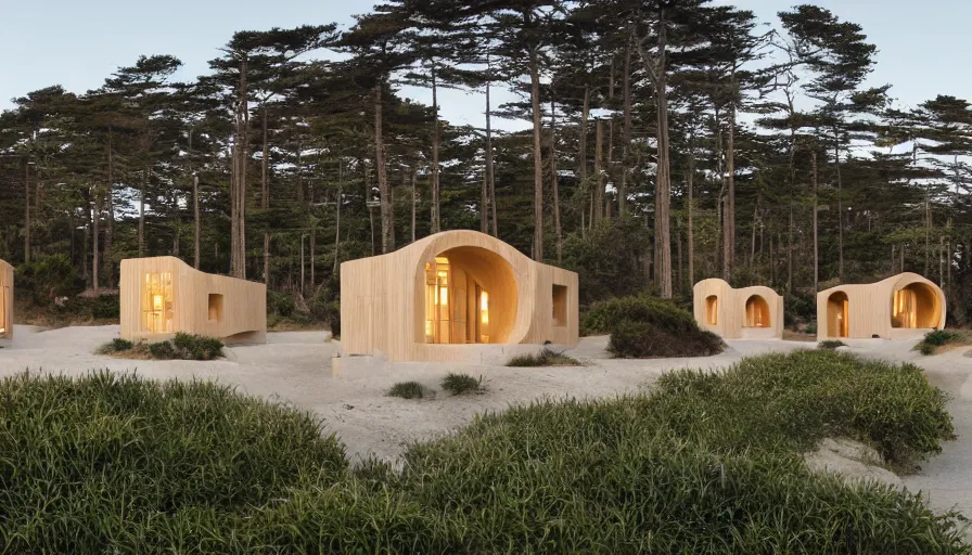 Prompt: An architectural rending of an eco-community neighborhood of innovative contemporary 3D printed sea ranch style cabins with rounded corners and angles, beveled edges, made of cement and concrete, organic architecture, on the California coastline with side walks, parks and public space , Designed by Gucci and Wes Anderson, golden hour