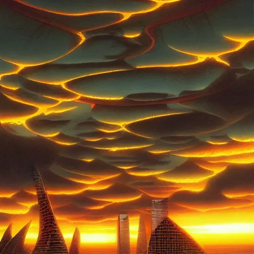 Image similar to bio-futurism, utopian city,differential growth,beautiful sunset,panoramic,michael whelan,photorealistic,detailed