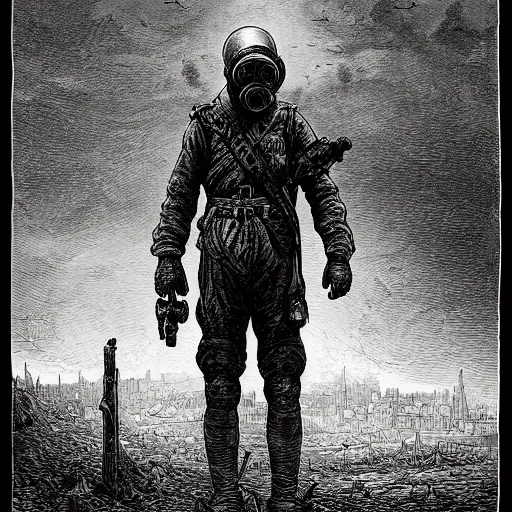 Image similar to apocalyptic landscape, soldier in gasmask, dark clouds, dark, eerie, dystopian, city, end times, illustration by Gustave Doré