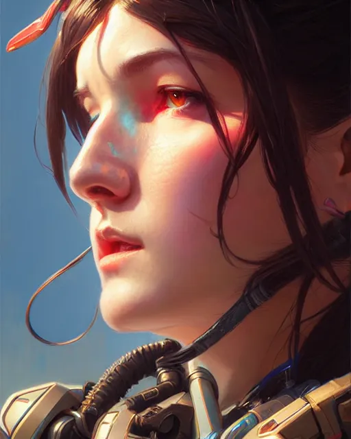 Image similar to d. va from overwatch, character portrait, portrait, close up, concept art, intricate details, highly detailed by greg rutkowski, michael whelan and gustave dore