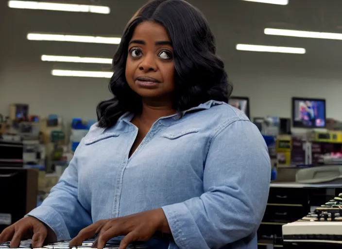 Prompt: cinematic shot of octavia spencer in an small used electronics store hands on an old electronic keyboard, iconic scene from the paranoid thriller sci fi film directed by pt anderson, anamorphic lensesy, beautiful composition, moody cinematography, overhead lighting, color theory, leading lines, photorealistic, volumetric lighting, hyper detailed 4 k image,