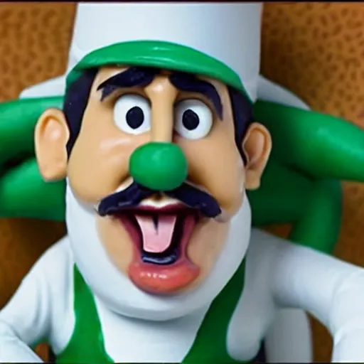 Image similar to beautifully rendered, masterpiece, caricature, claymation, luis guzman as luigi making absurd silly looking faces