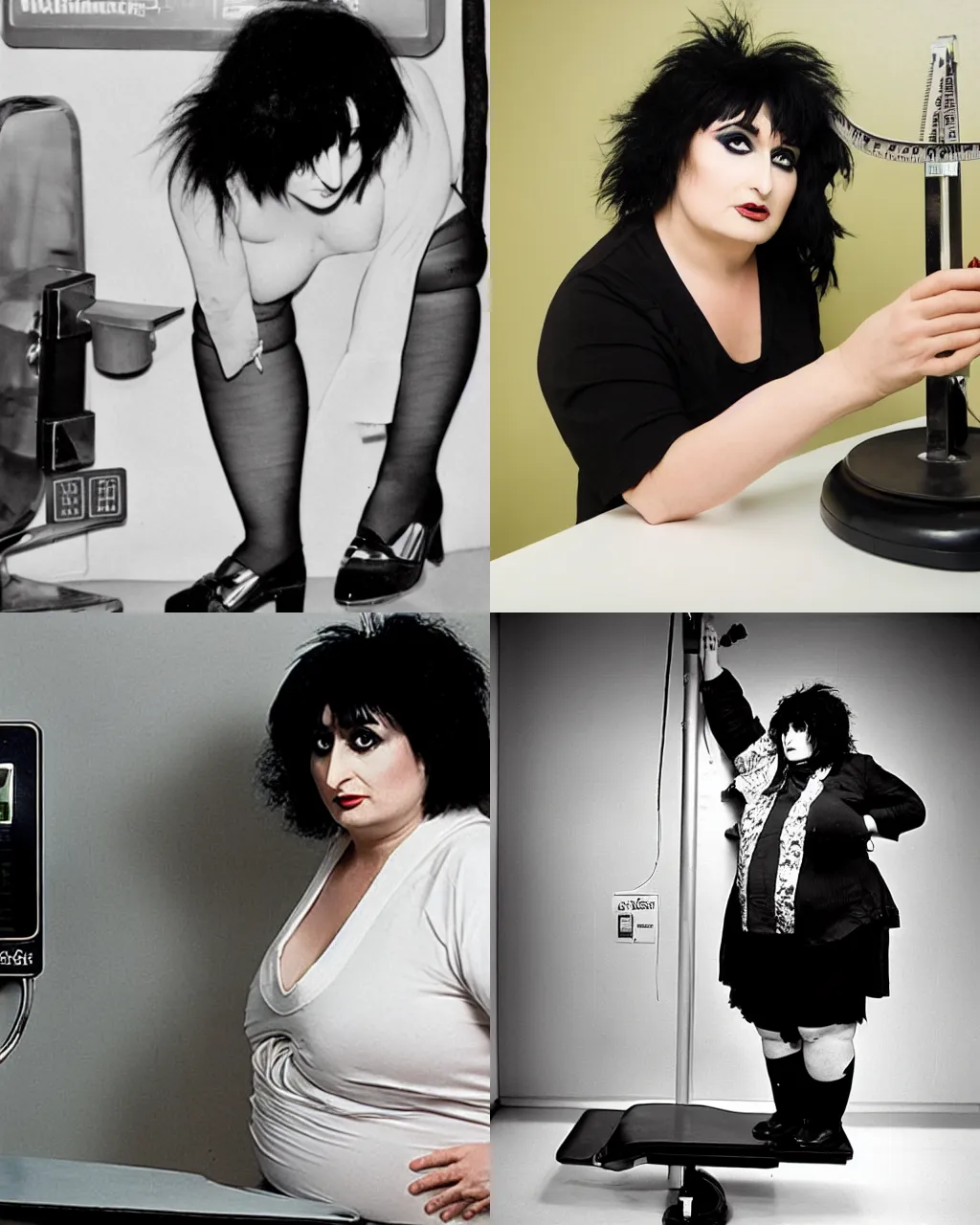 Prompt: mordbidly obese siouxsie sioux standing on a weighing scale, extremely fat, doctors office