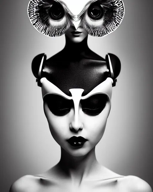 Image similar to surreal mythical dreamy dark artistic black and white fine art 3 / 4 fashion portrait photo of a young beautiful delicate female robot with orchid - owl face, rim light, cinematic, studio dramatic light, poetic, masterpiece, octane render, 8 k, photo - realistic by hg giger and man ray