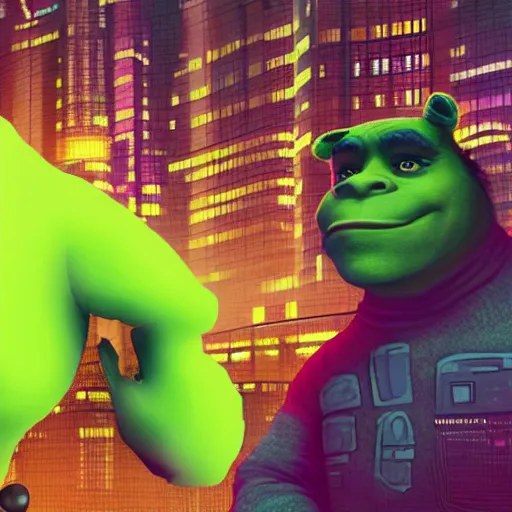 Prompt: Cyber punk shrek, dystopian, realistic, existential