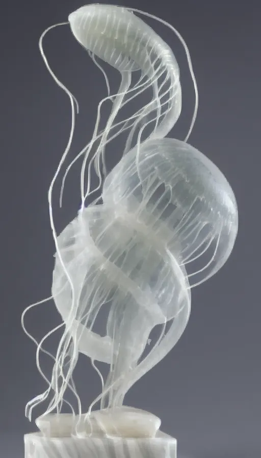 Prompt: a beautifully carved marble statue of a jellyfish