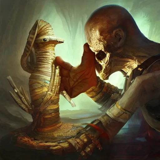 Image similar to artwork by Slawomir Maniak, a modern resurrected mummy intently examining a priceless artifact, urban fantasy