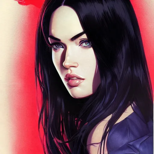 Image similar to megan fox portrait as manga girl, realistic shaded perfect face, fine details. anime. realistic shaded lighting poster by ilya kuvshinov katsuhiro otomo ghost - in - the - shell, magali villeneuve, artgerm, jeremy lipkin and michael garmash and rob rey