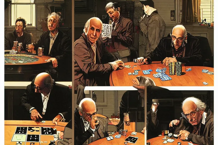 Image similar to larry david playing poker, very coherent, intricate design, painting by Laurie Greasley, part by Yoji Shinkawa, part by Norman Rockwell