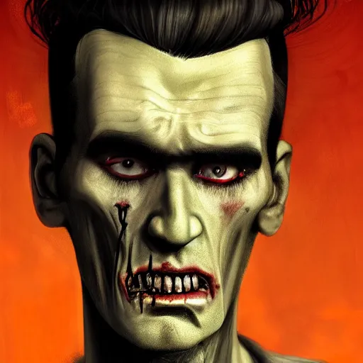 Image similar to head portrait of a slim zombie version of morrissey with a quiff hairstyle, 7 days to die zombie, fine art, award winning, intricate, elegant, sharp focus, cinematic lighting, rimlight, digital painting, 8 k concept art, art by z. w. gu, art by brom, art by michael hussar, 8 k