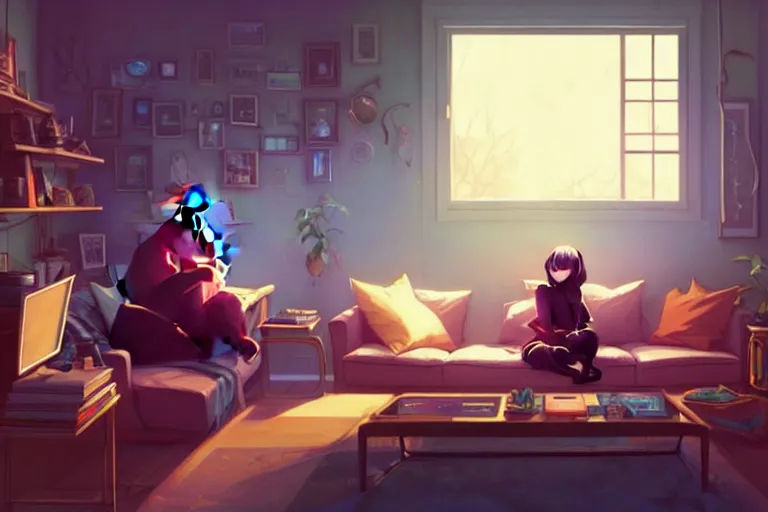 Prompt: a young woman sitting on a living room sofa playing xbox, a black cat is asleep next to her, wide angle shot from above, golden curve composition, animation portrait concept art, style of makoto shinkai, xision, james jean and peter mohrbacher, studio ghibli, artgerm, karol bak, dan mumford, 4 k hd, animation style