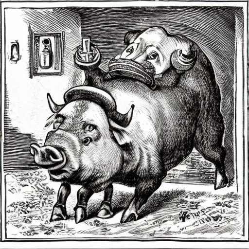 Image similar to an anthropomorphic boar drinking beer