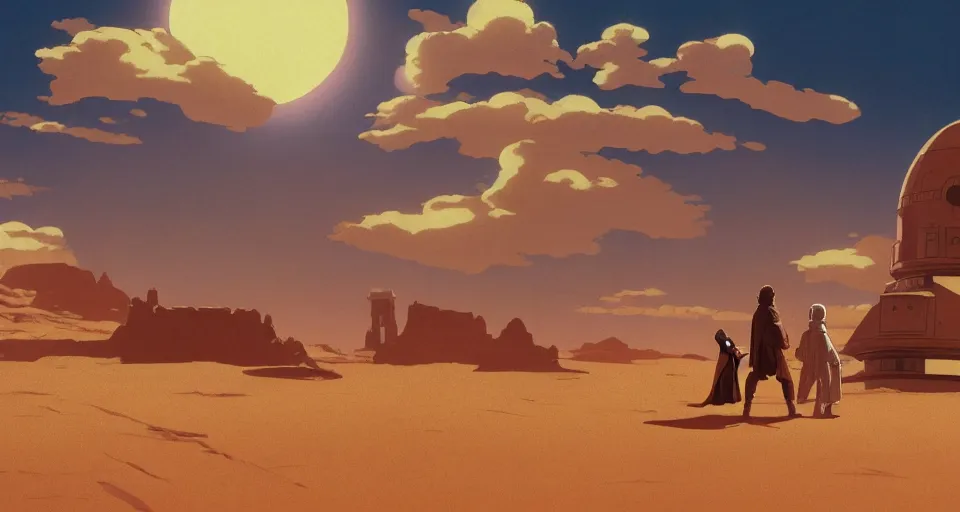 Image similar to beautiful wide shot tatooine landscape, obi wan kenobi and Luke skywalker in land-speeder, Star Wars a new hope 1977, studio ghibli, Miyazaki, Greg rutkowski, Alphonse mucha, Moebius , animation, golden hour, highly detailed, hdr, vivid color, 70mm