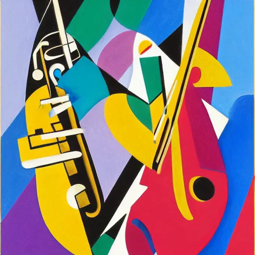 Prompt: professional high quality digital art. a saxophone, a piano, and a double bass. kandinsky. henri matisse, georges braque, juan gris, fernand leger. digital art, octane, ue 5, 8 k, 4 k, hq, concept art.