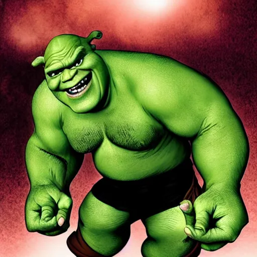 Image similar to shrek transforming into a hulk