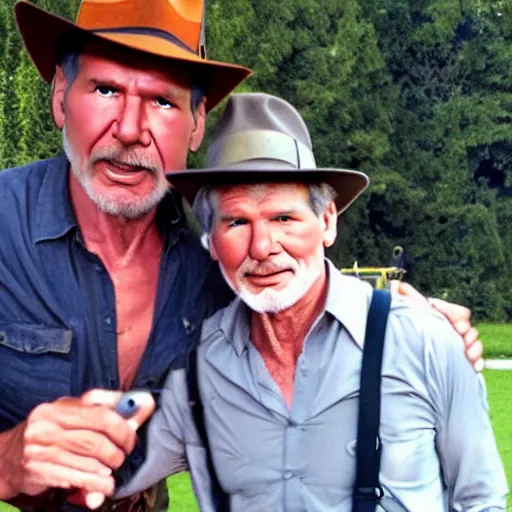 Image similar to chris patt as indiana jones 5, epic pose, selfie with harrison ford