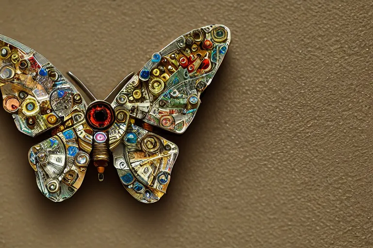 Prompt: macro photograph of a mechanical butterfly | jeweled clockwork butterfly | by Vermeer | featured on Artstation