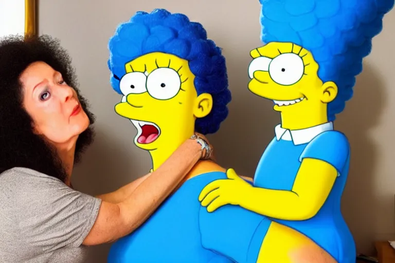 Image similar to a real life marge simpson kissing a real life homer simpson