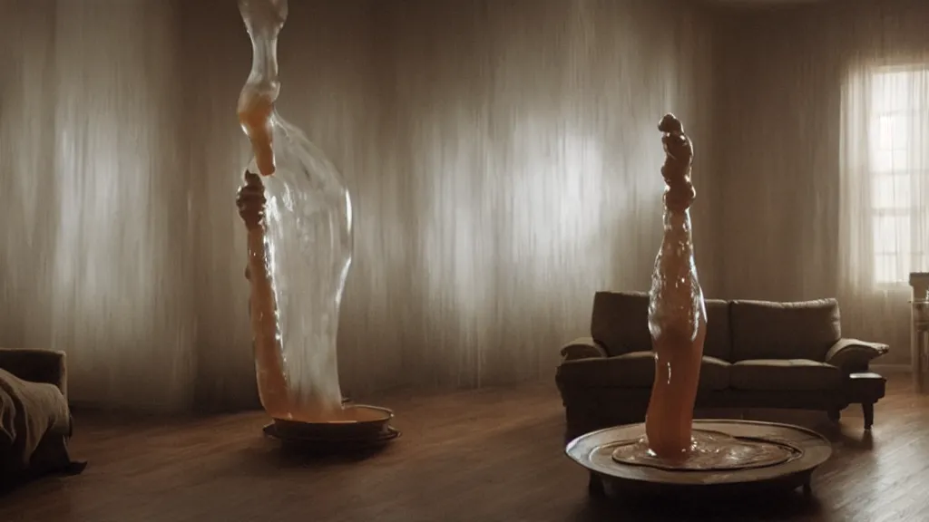 Prompt: a giant hand made of wax and water floats through the living room, film still from the movie directed by Denis Villeneuve with art direction by Junji Ito, wide lens