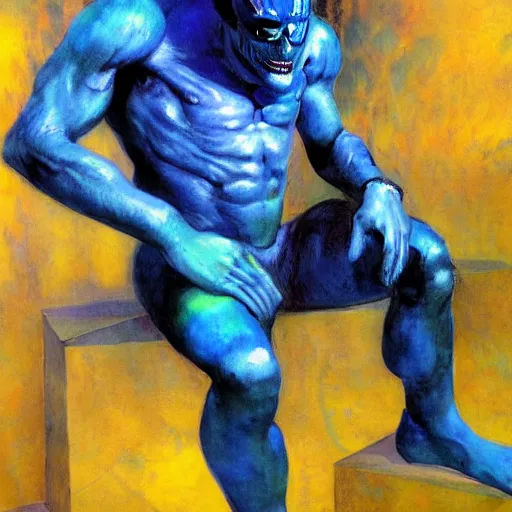 Prompt: hi - tech version of blue demon seated by vrubel, with hi - tech singularity body interface. highly detailed fantasy science fiction painting. rich colors, high contrast. artstation