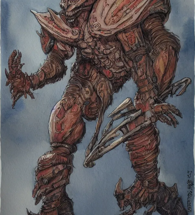 Image similar to a 3 / 4 view watercolor ink painting of a humanoid anthropomorphic glowing deathclaw dressed as a raider in the style of jean giraud in the style of moebius trending on artstation deviantart pinterest detailed realistic hd 8 k high resolution