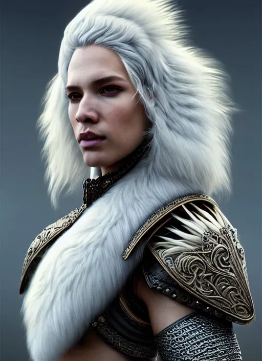 Image similar to fur leather armor!!! long wild white hair!! covered chest!!! fantasy, d & d, intricate ornate details, symmetry, concept art, sharp focus, illustration, art by artgerm! greg rutkowski magali villeneuve wlop! ilya kuvshinov!!, octane render, unreal engine 5, highly rendered!!