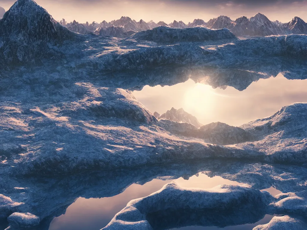 Prompt: epic crystalline taiga with a lake, golden hour, rocky ground, distant mountains with top on snow, atmospheric perspective, altostratus clouds, planets, cinematic, 3 5 mm lens, photographic, octane render, cinematography by roger deakins, in the style of ansel adams