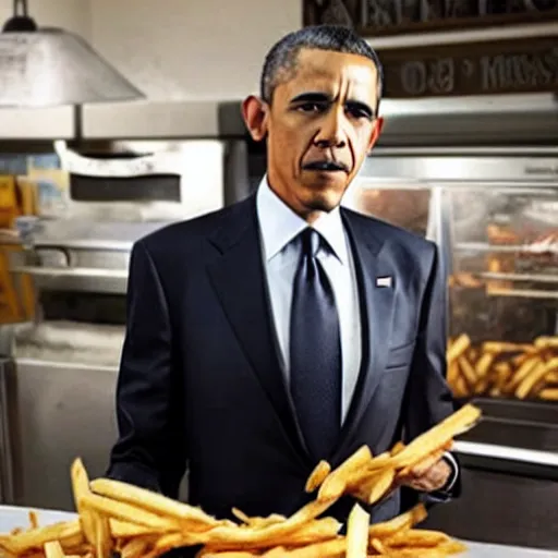 Prompt: photo of obama as Gustavo fring making french fries