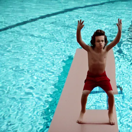 Image similar to young harry styles standing on a diving board above a pool, red weapon 8 k s 3 5, cooke anamorphic / i lenses, highly detailed, cinematic lighting