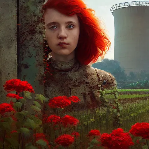 Image similar to red hair girl, chernobyl powerplant!!!, rubble, flowers, vines, hyperrealistic, highly detailed, cinematic, single ray of golden sunlight, beautiful, cgssociety, artstation, 8 k, oil painting by greg rutkowski, by artgerm, by wlop