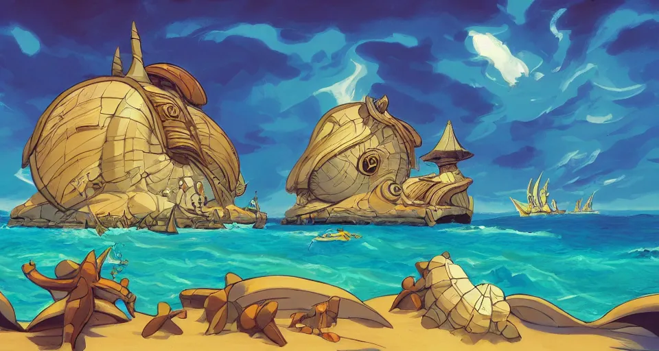 Image similar to giant seashell house in the ocean, by laika, ralph mcquarrie, in the style of zelda windwaker, triadic color scheme, cell shading, 3 d