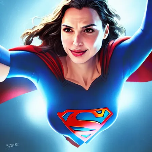 Prompt: a potrait of face of gal gadot as Supergirl from Kryptonian by Stanley Artgerm Lau, WLOP, Rossdraws, James Jean, Andrei Riabovitchev, Marc Simonetti, Yoshitaka Amano, ArtStation, CGSociety, Full body shot