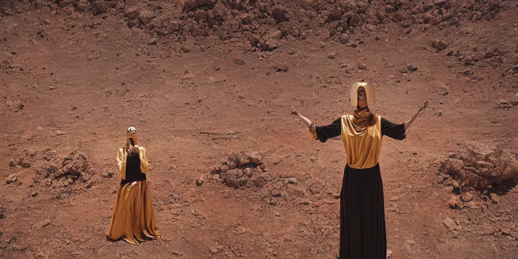 Prompt: levitating woman with full - face golden mask in a dry rocky fractal desert landscape, visible sky and sunny atmosphere, fata morgana and giant square infinite mirrors by alejandro jodorowsky, anamorphic lens, kodakchrome, practical effects, masterpiece, 8 k