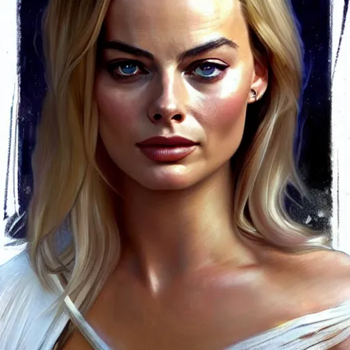 Image similar to Margot Robbie's face combined with Jennifer Anniston's face as a Space Marine, western, D&D, fantasy, intricate, elegant, highly detailed, digital painting, artstation, concept art, matte, sharp focus, illustration, art by Artgerm and Greg Rutkowski and Alphonse Mucha